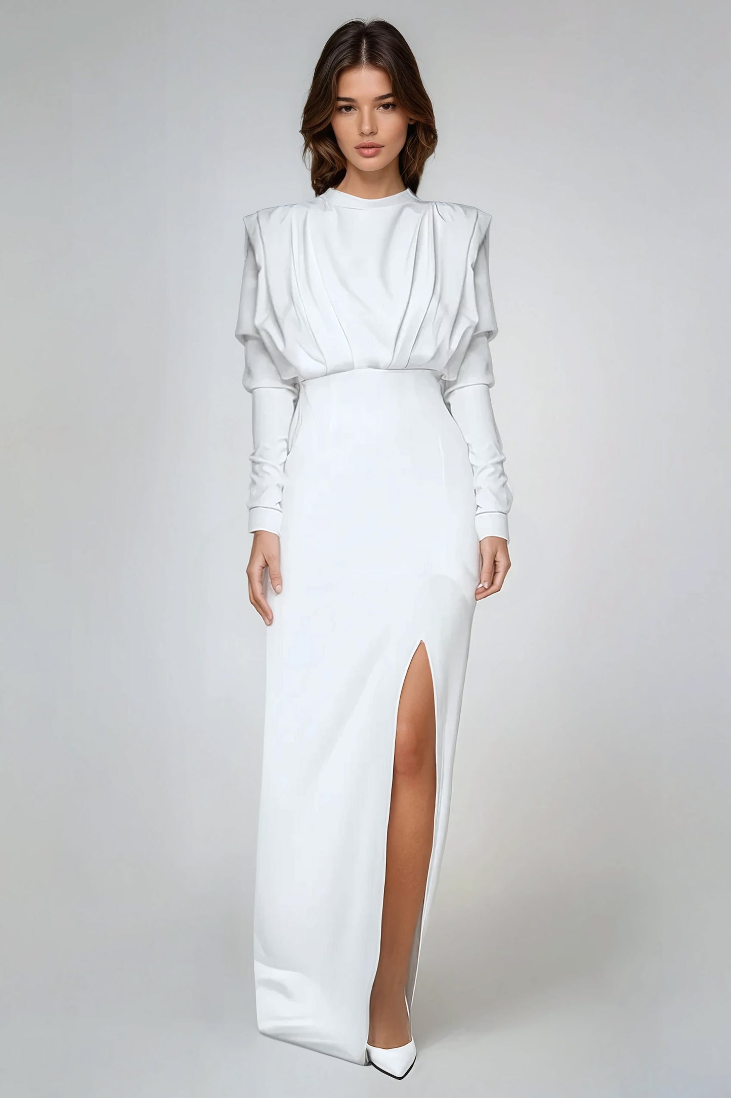 Sophisticated Maxi Dress with High Slit and Long Sleeves - White