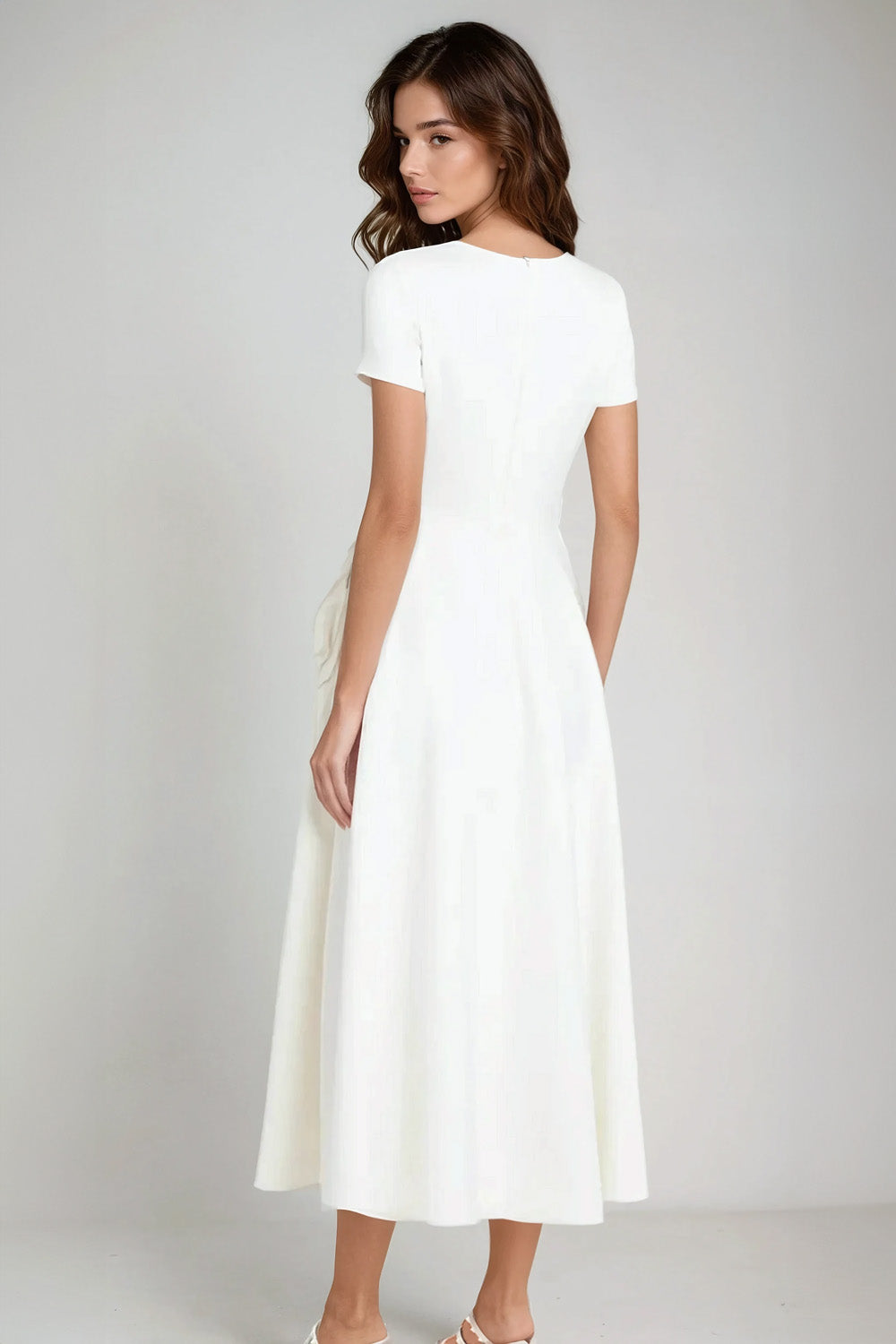 Midi Dress with Floral Appliqué and Gathered Waist Detail - White