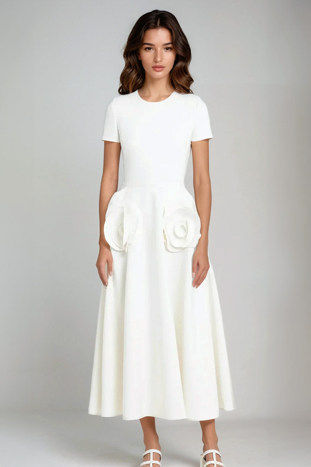 Midi Dress with Floral Appliqué and Gathered Waist Detail - White