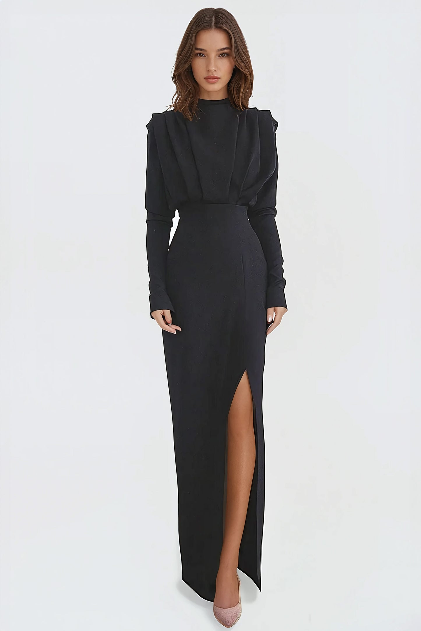 Sophisticated Maxi Dress with High Slit and Long Sleeves - Black