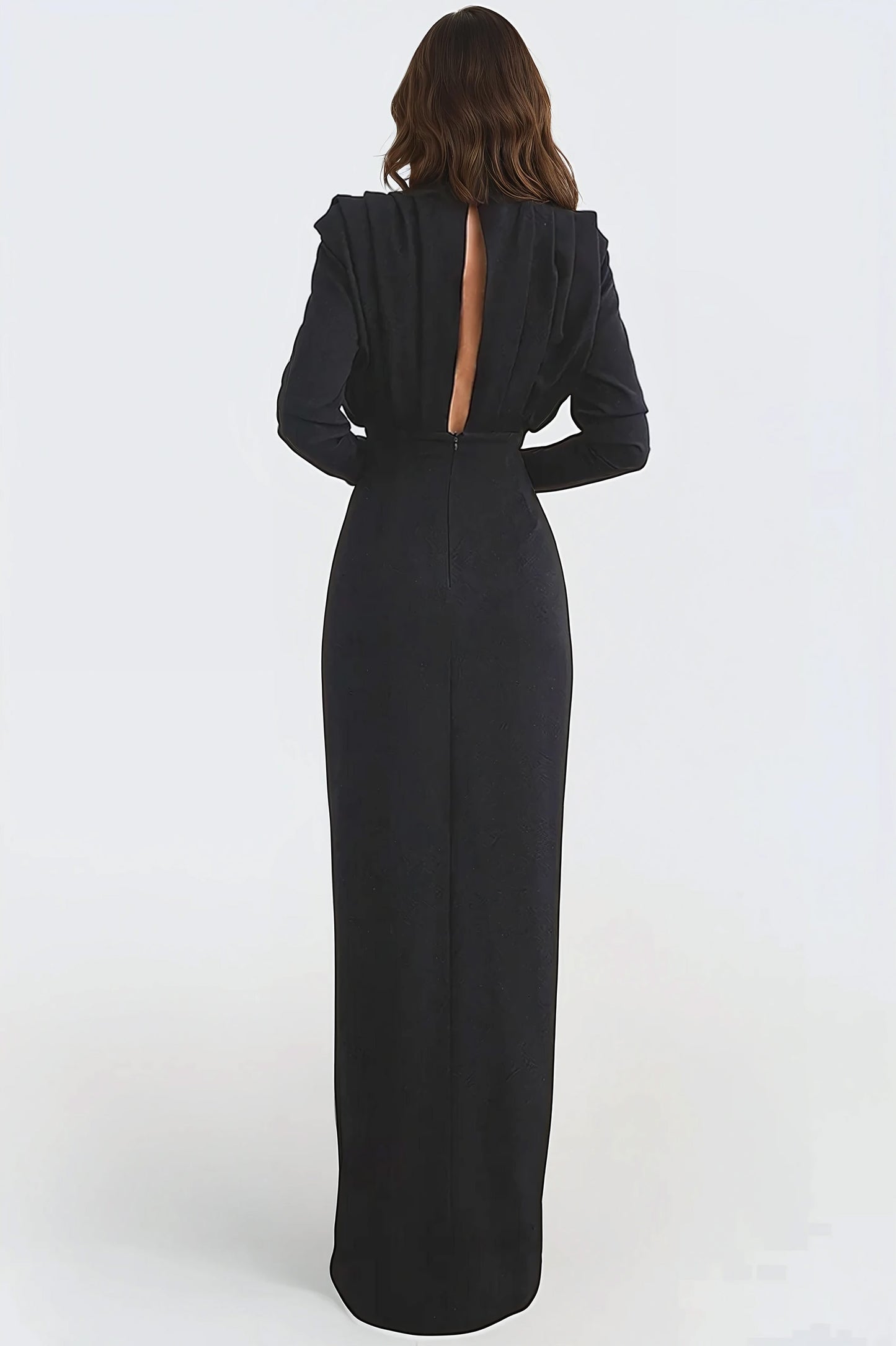 Sophisticated Maxi Dress with High Slit and Long Sleeves - Black