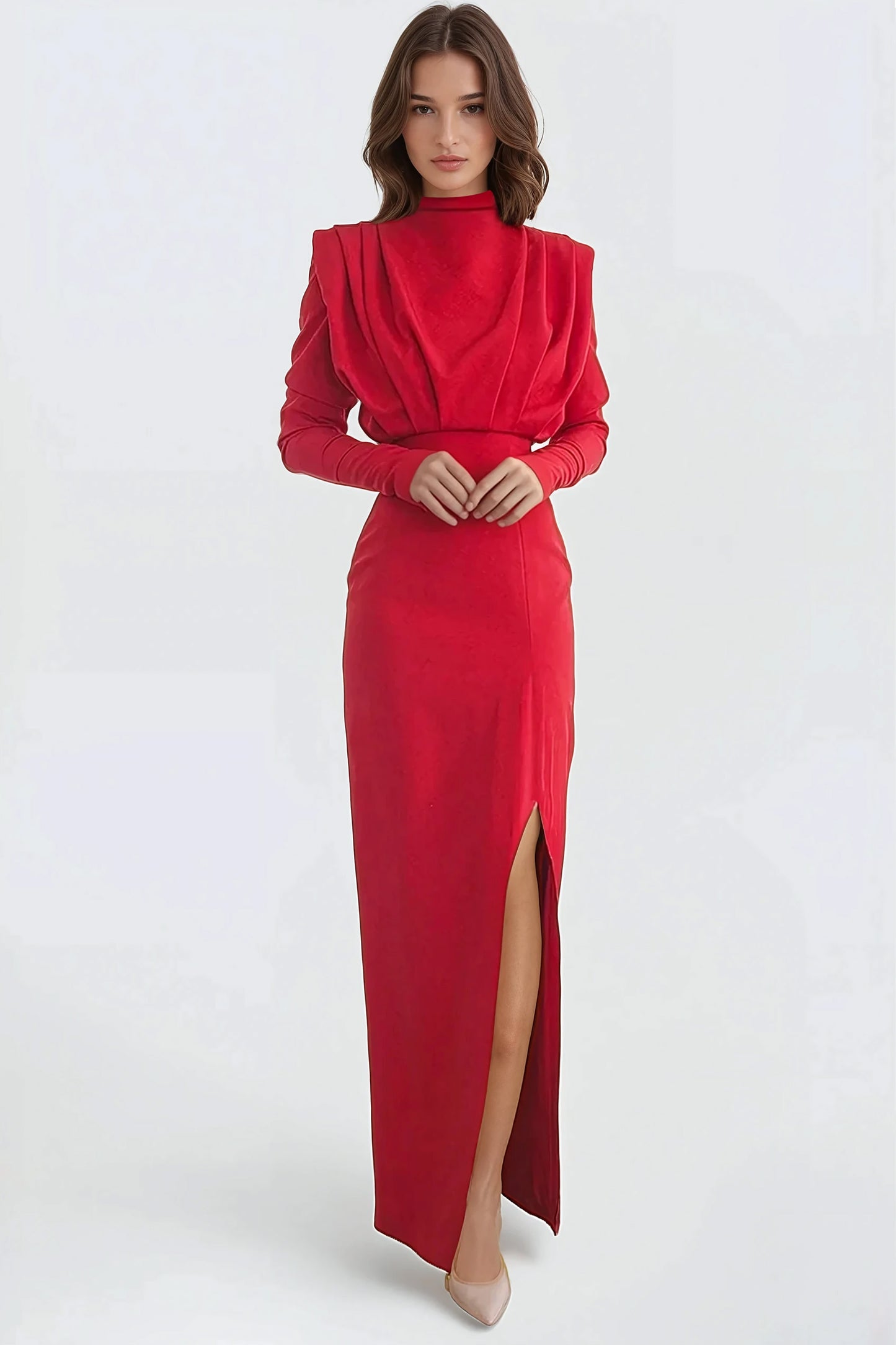 Sophisticated Maxi Dress with High Slit and Long Sleeves - Red