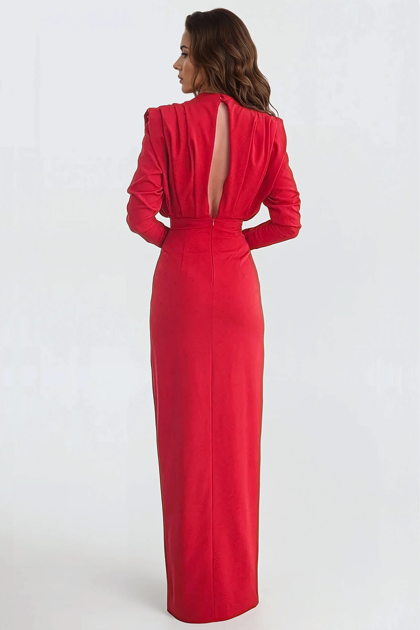 Sophisticated Maxi Dress with High Slit and Long Sleeves - Red