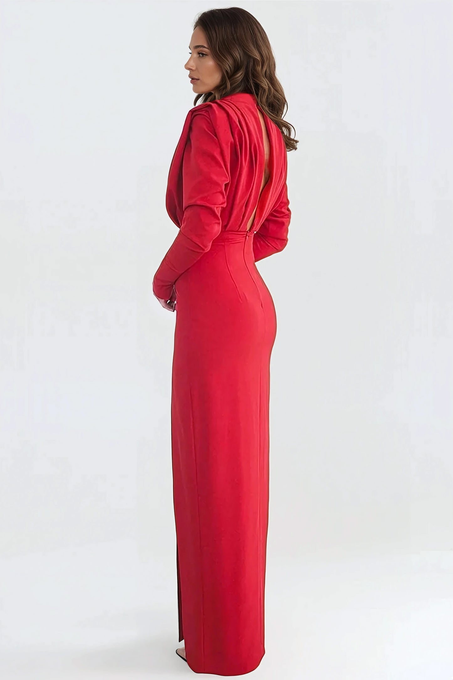 Sophisticated Maxi Dress with High Slit and Long Sleeves - Red