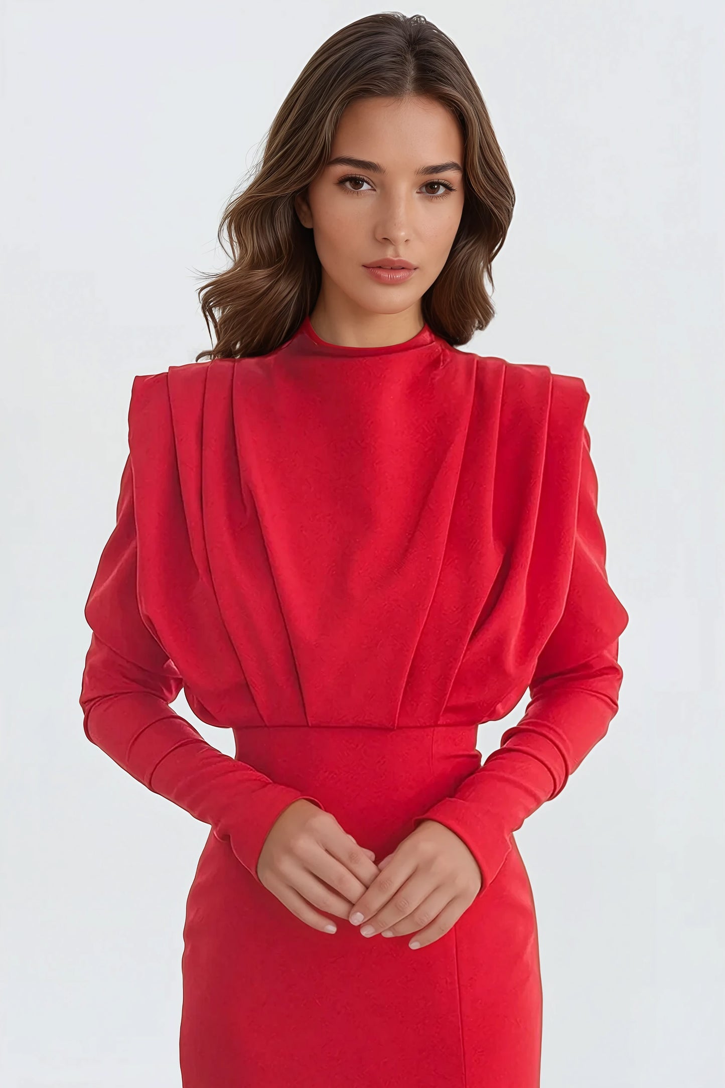 Sophisticated Maxi Dress with High Slit and Long Sleeves - Red