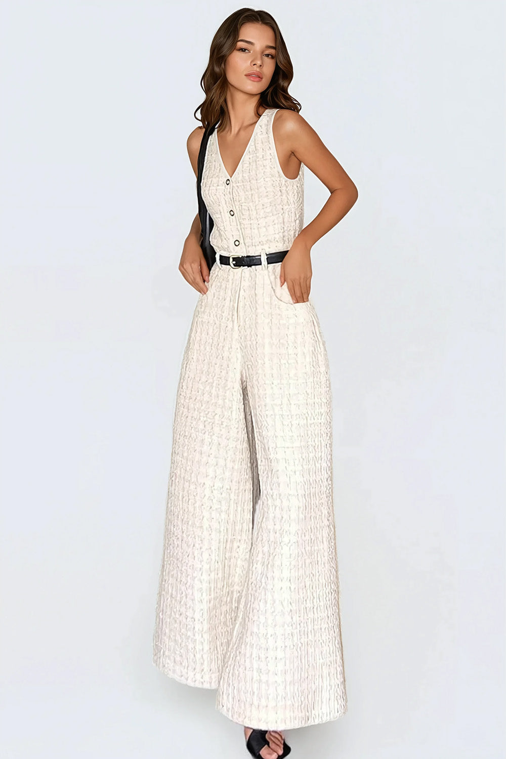 Textured Two-Piece Set with Button-Up Jumpsuit and Cropped Jacket - White