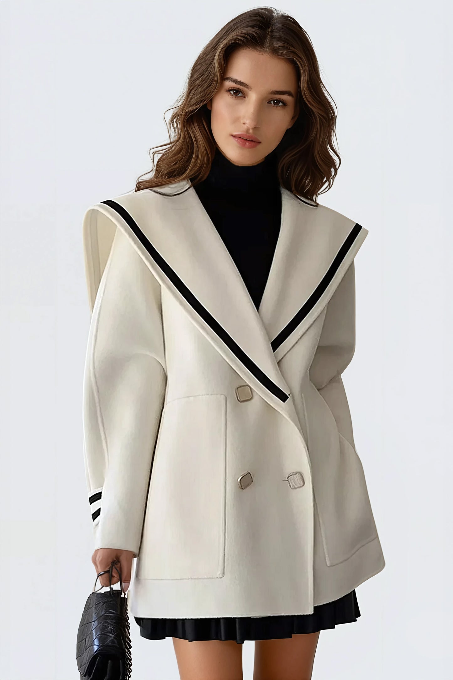 Double-Breasted Coat with Structured Wide Collar - Beige