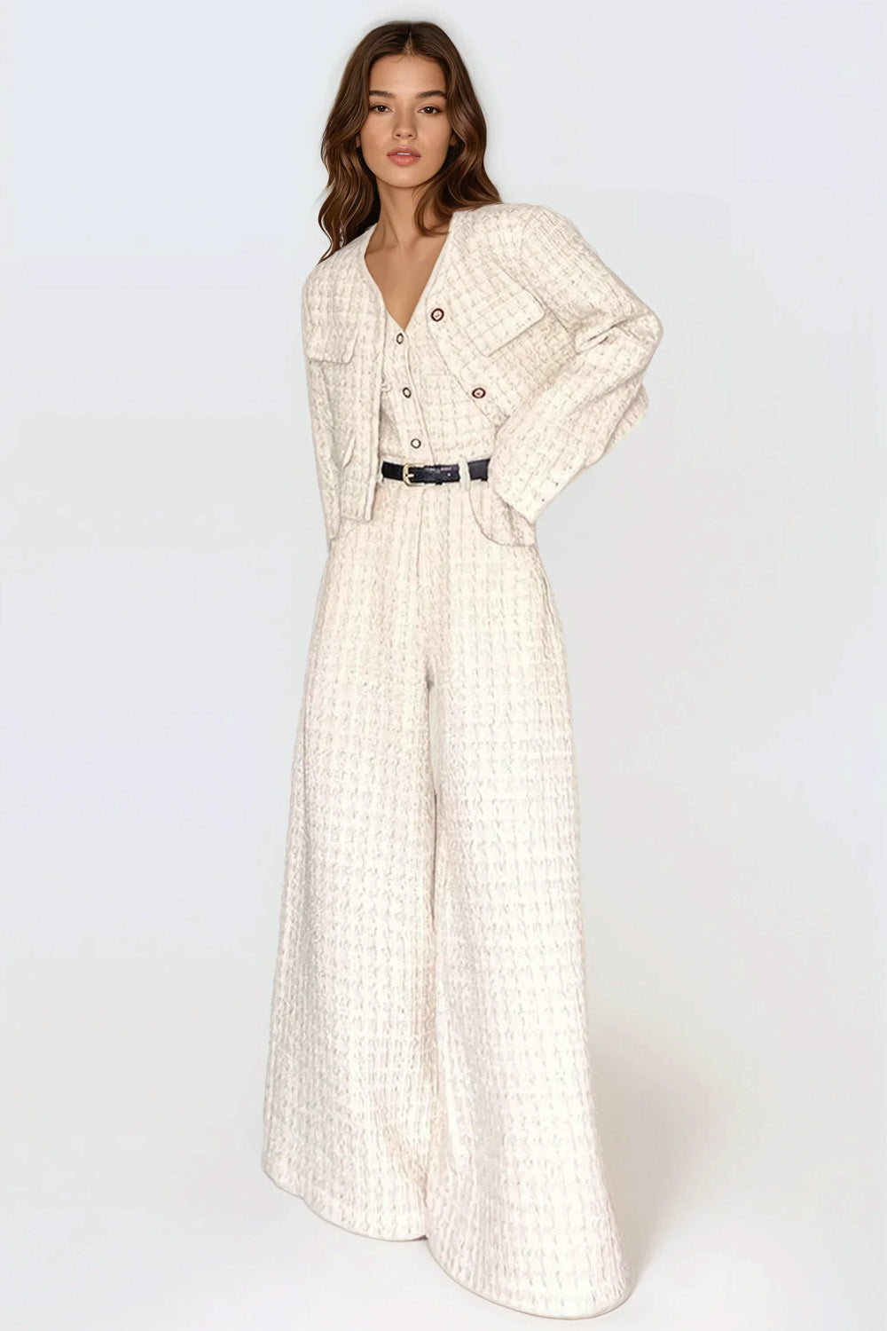 Textured Two-Piece Set with Button-Up Jumpsuit and Cropped Jacket - White