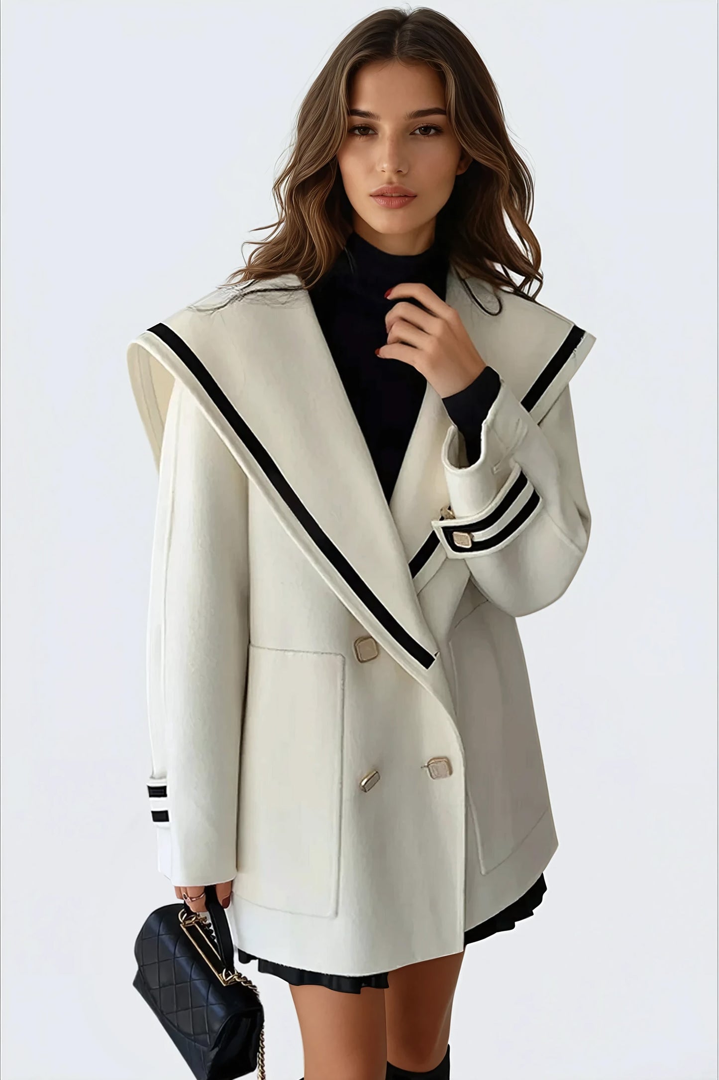 Double-Breasted Coat with Structured Wide Collar - Beige