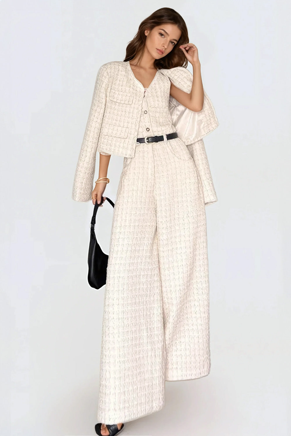 Textured Two-Piece Set with Button-Up Jumpsuit and Cropped Jacket - White