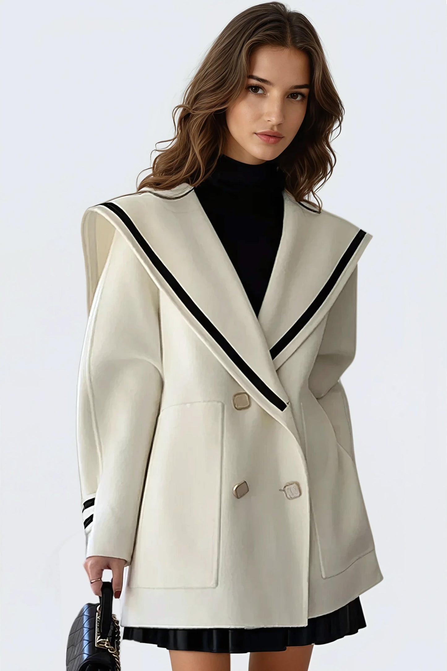 Double-Breasted Coat with Structured Wide Collar - Beige