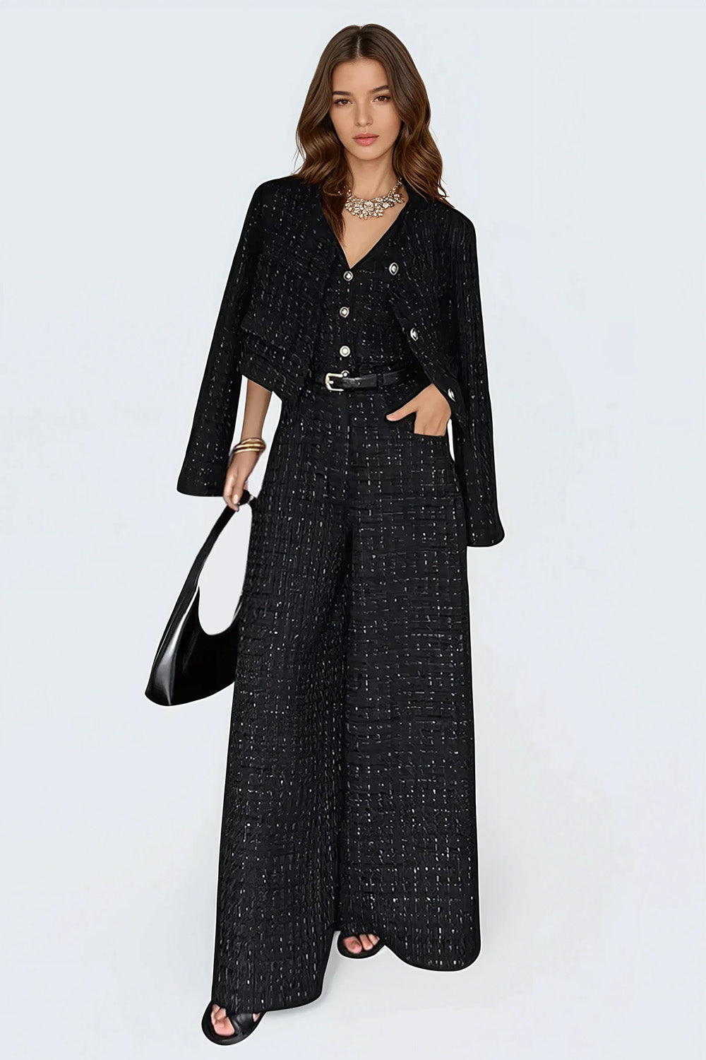 Textured Two-Piece Set with Button-Up Jumpsuit and Cropped Jacket - Black