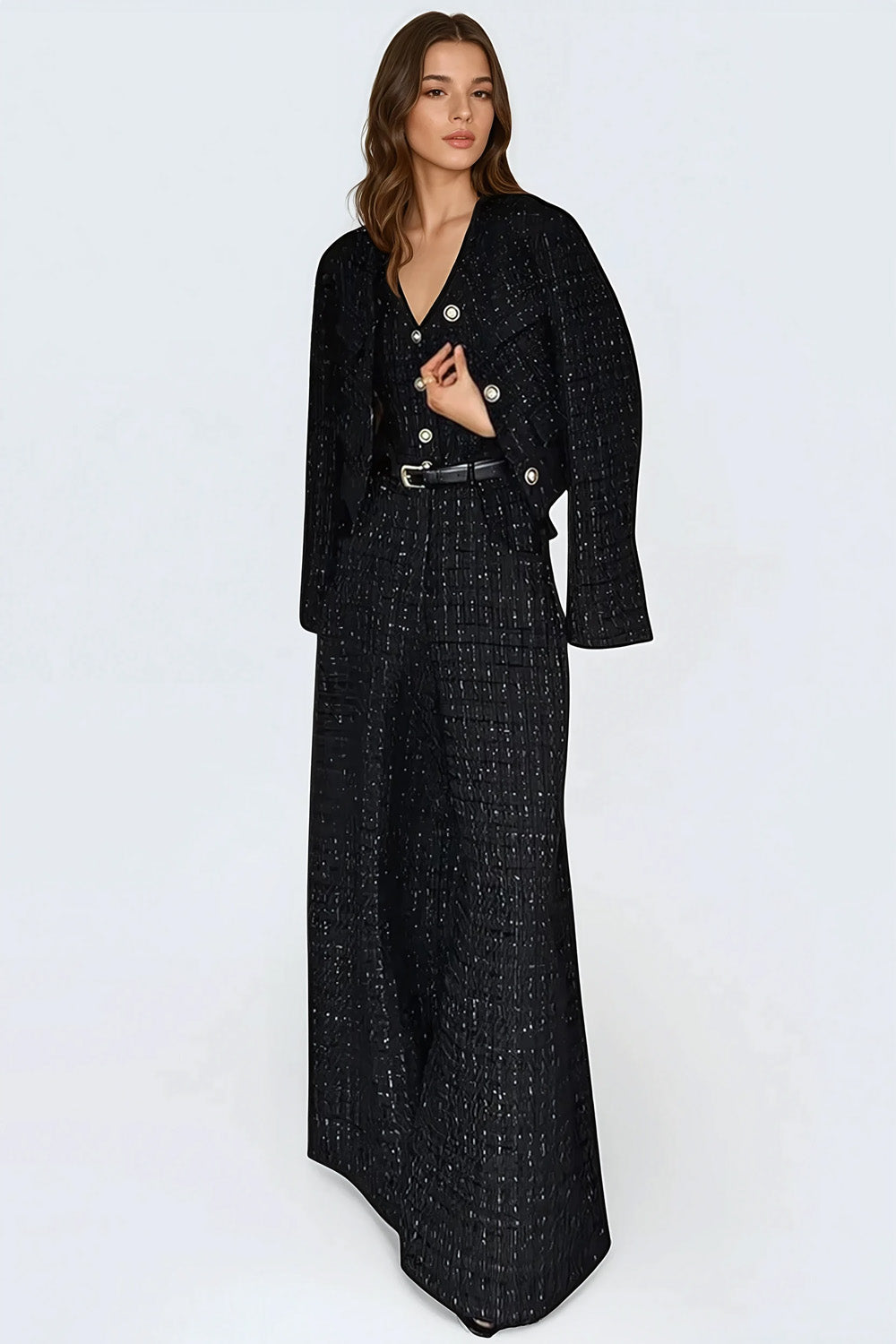 Textured Two-Piece Set with Button-Up Jumpsuit and Cropped Jacket - Black