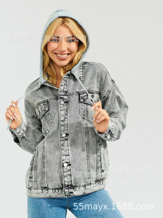 Casual Denim Jacket with Hood - Gray