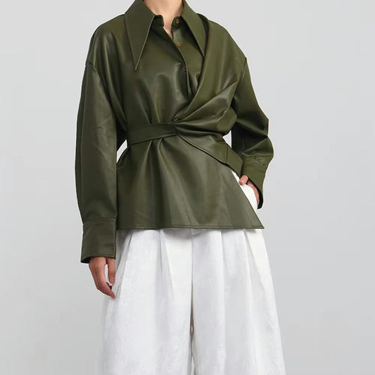 Wrap Waist Faux Leather Jacket with Pointed Collar - Green