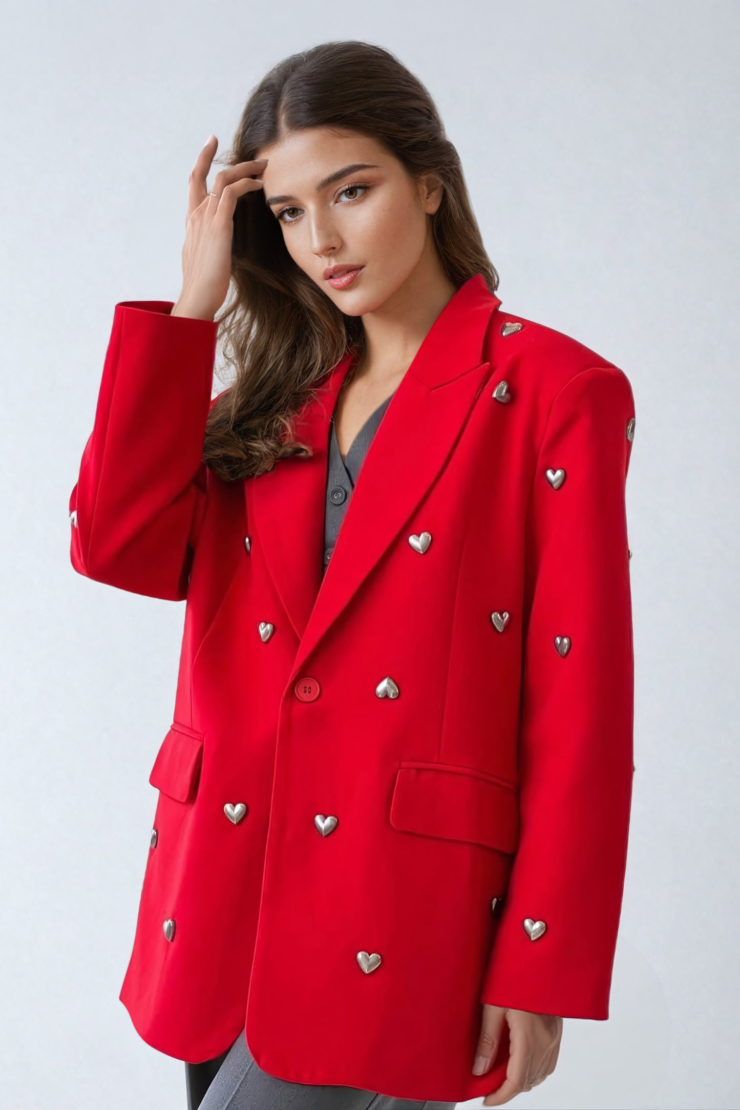 Oversized Blazer with Heart Embellishments - Red