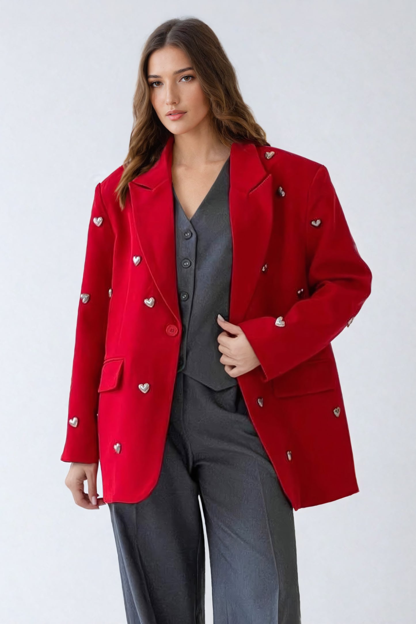 Oversized Blazer with Heart Embellishments - Red