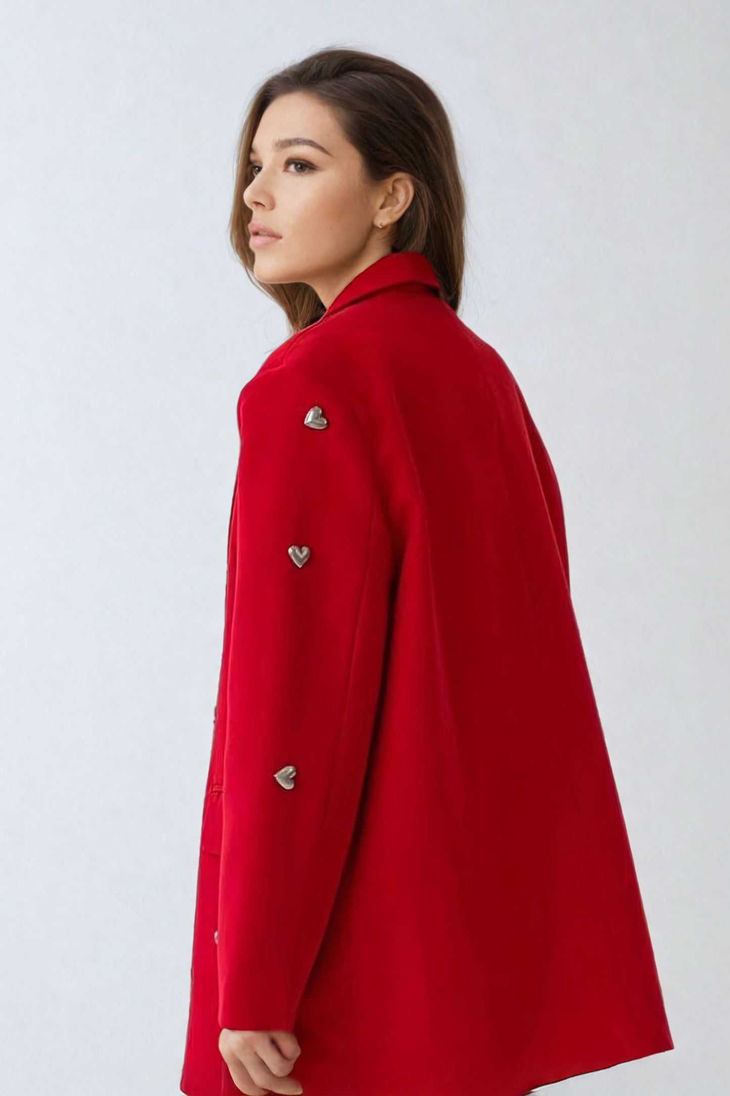 Oversized Blazer with Heart Embellishments - Red