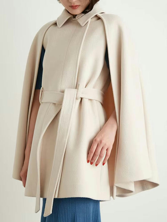 Belted Cape-Style Jacket with Notched Collar - Beige