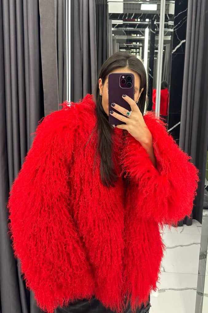Natural Mongolian Sheepskin Coat with Lapels - Red