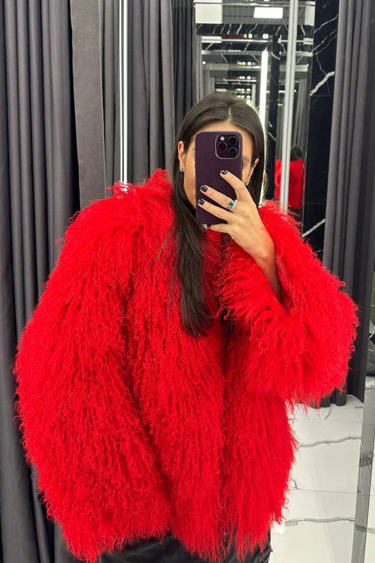 Natural Mongolian Sheepskin Coat with Lapels - Red