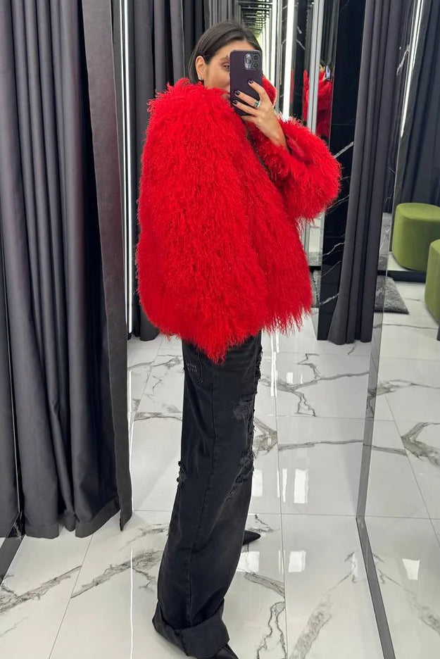 Natural Mongolian Sheepskin Coat with Lapels - Red