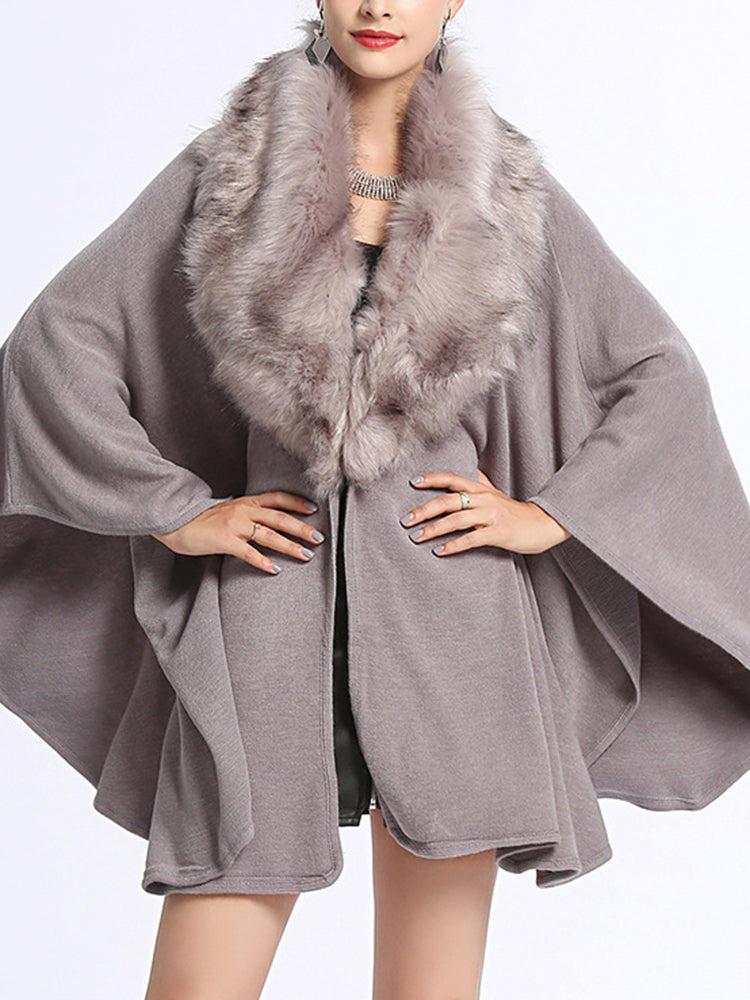 Draped Shawl Collar Cape Jacket with Fur Trim - Gray