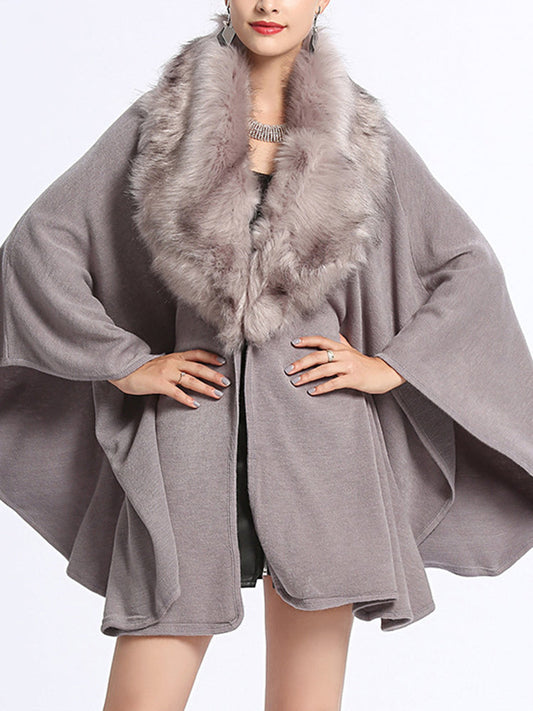 Draped Shawl Collar Cape Jacket with Fur Trim - Gray