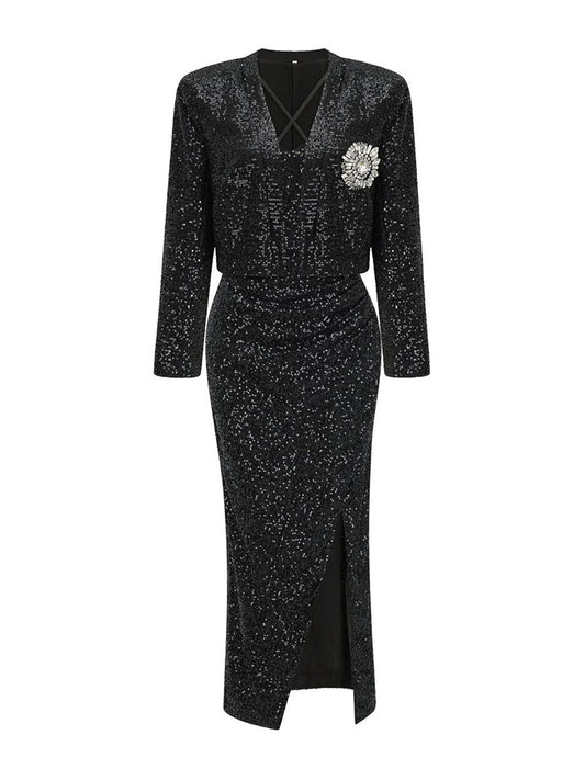 Sequined Cropped Blazer with Draped Maxi Dress - Black