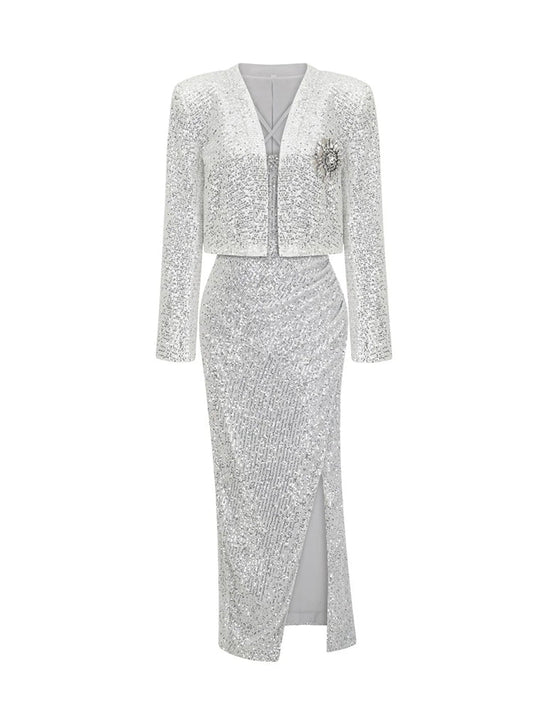 Sequined Cropped Blazer with Draped Maxi Dress - White