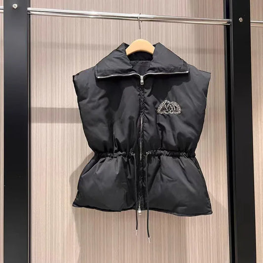 Padded Sleeveless Jacket with High Collar and Cinched Waist - Black