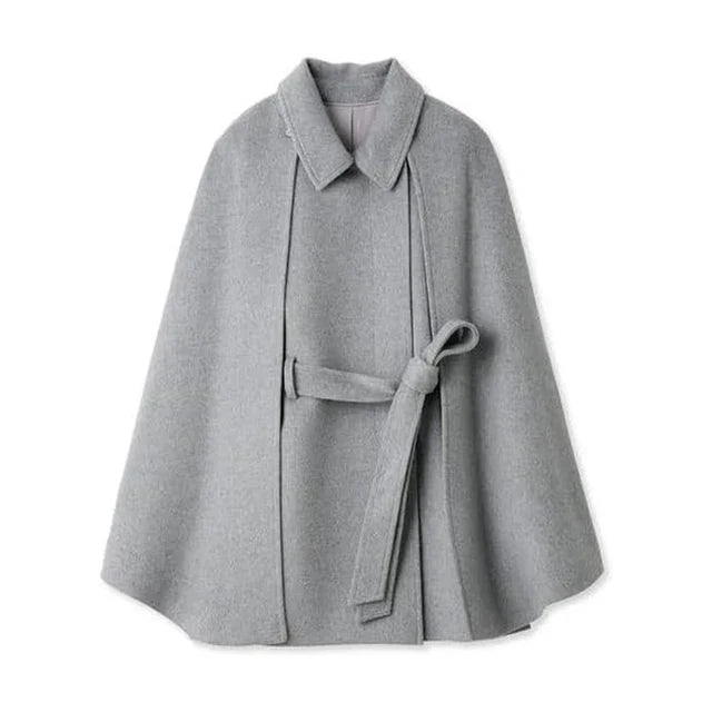 Belted Cape-Style Jacket with Notched Collar - Gray