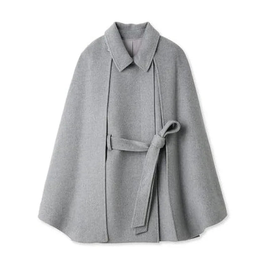 Belted Cape-Style Jacket with Notched Collar - Gray