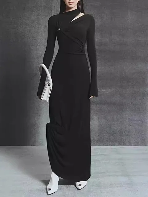 One-Shoulder Twist Detail Maxi Dress - Black