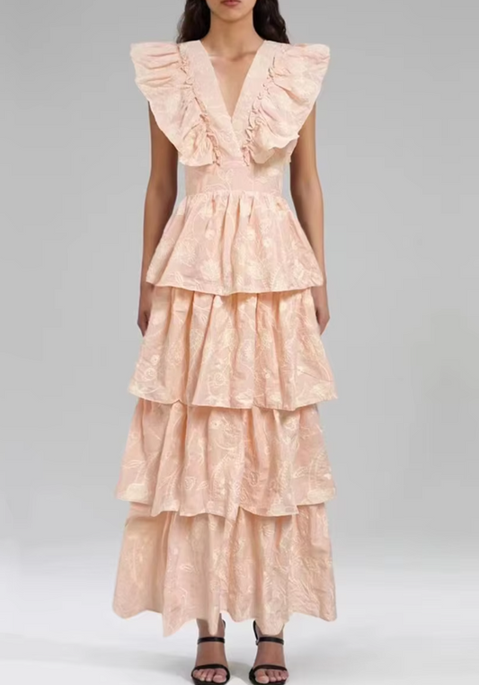 Sleeveless Tiered Ruffle Maxi Dress - Pink
