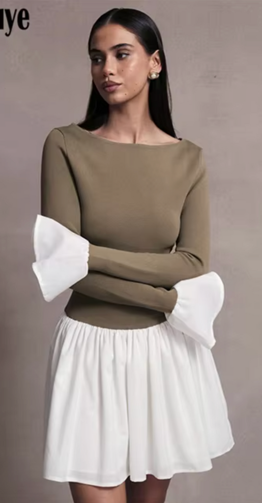 Ruffle Cuff Knit Mini Dress - Brown