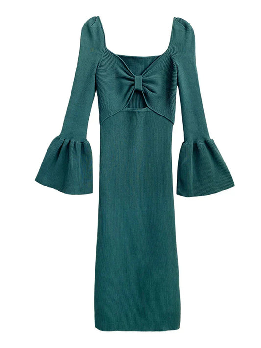 Bow-Detail Cutout Midi Dress with Flared Sleeves - Green