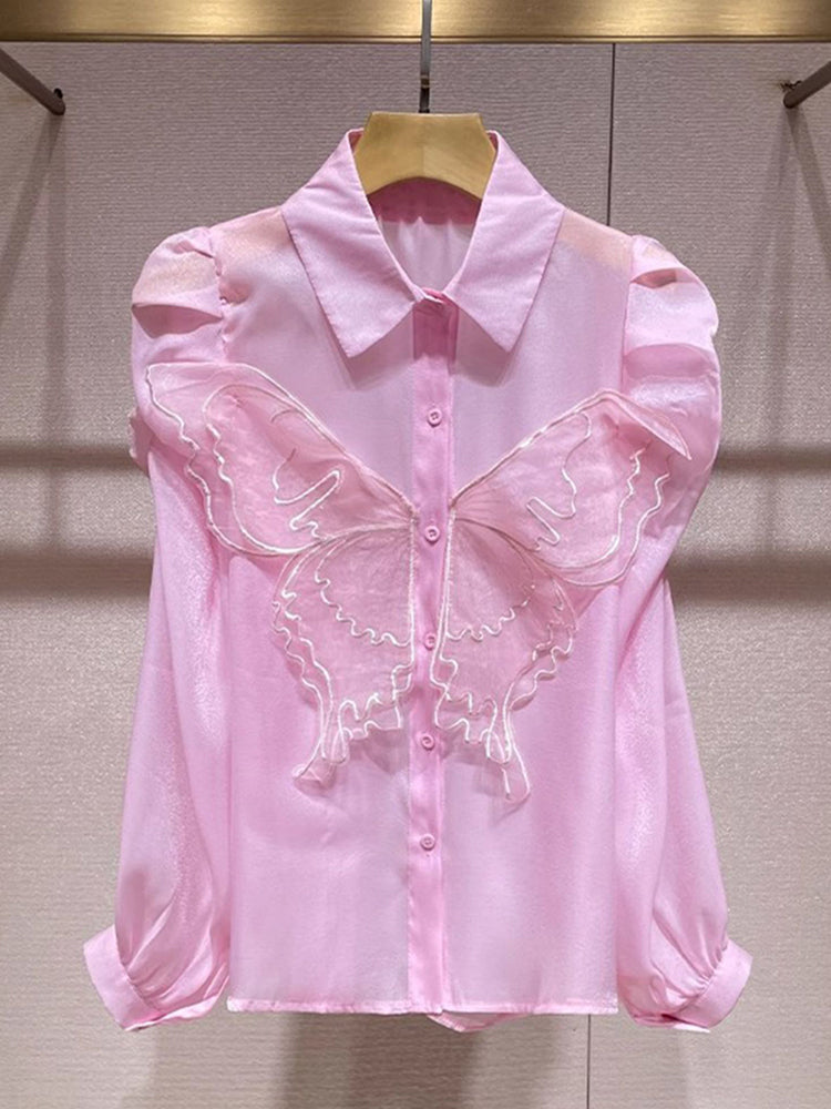 Butterfly Embroidered Button-Up Shirt with Puff Sleeves - Pink