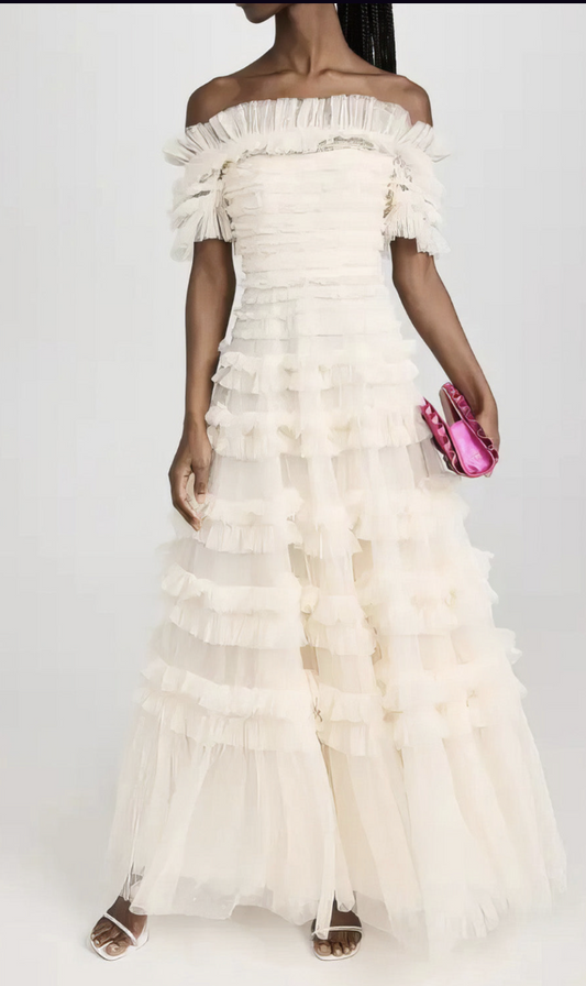 Off-Shoulder Ruffled Midi Dress with Layered Design - Beige