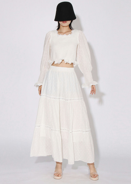 Co-Ord Set with Lace Detailing Top and Long Skirt - White