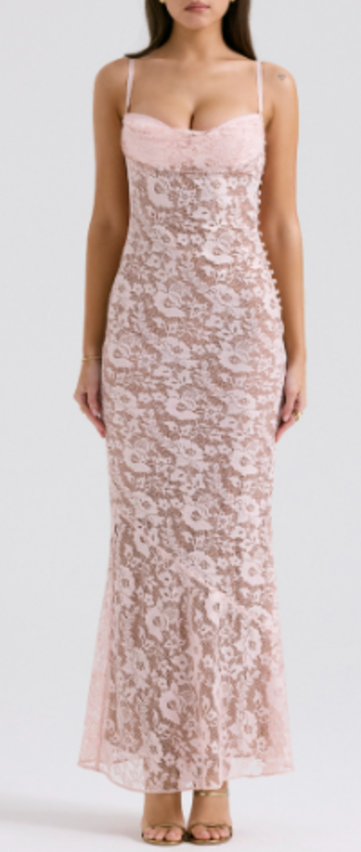 Lace Maxi Dress with Sweetheart Neckline - Pink