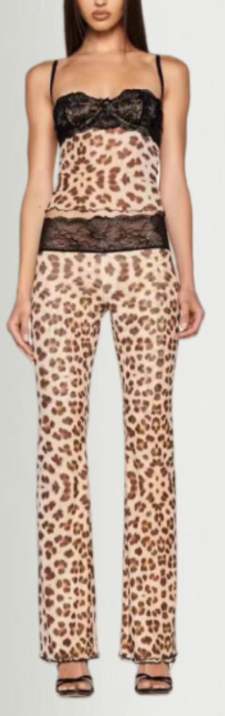 Two-Piece Set with Lace-Trimmed Top and Trousers - Brown