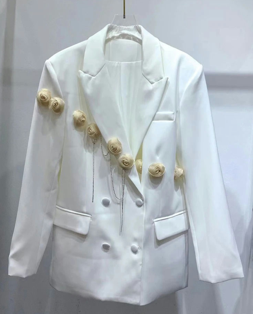 Floral Embellished Double-Breasted Blazer - White