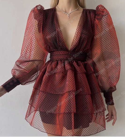 Tiered Balloon Sleeves Mini Dress with Deep V-Neckline - Burgundy