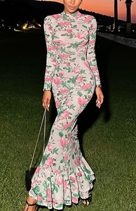 Floral Bodycon Maxi Dress with Ruffled Hem