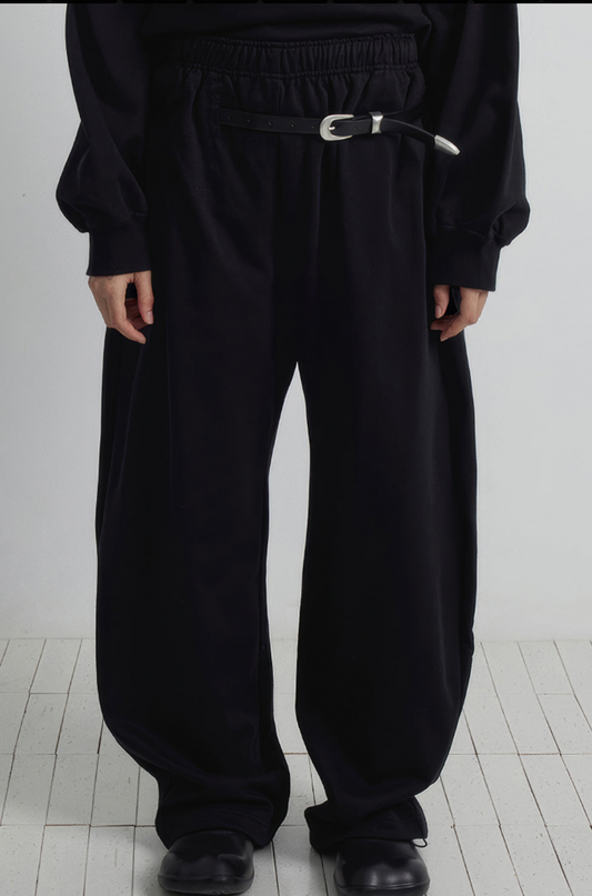Wide-Leg Sweatpants with Belt Accent - Black