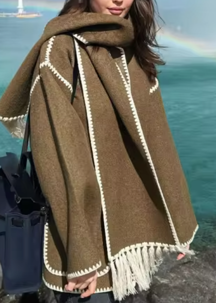 Fringe-Trimmed Coat with Embroidered Scarf Accent - Khaki