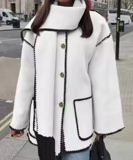 Fringe-Trimmed Coat with Embroidered Scarf Accent - White