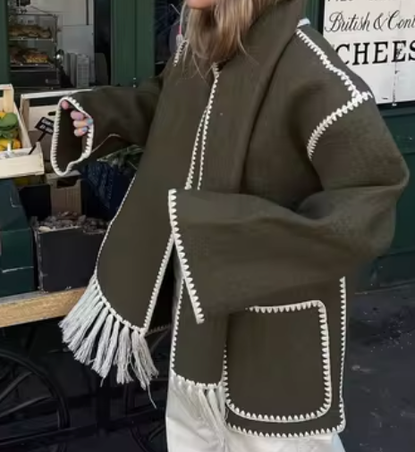 Fringe-Trimmed Coat with Embroidered Scarf Accent - Brown