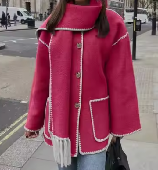 Fringe-Trimmed Coat with Embroidered Scarf Accent - Pink